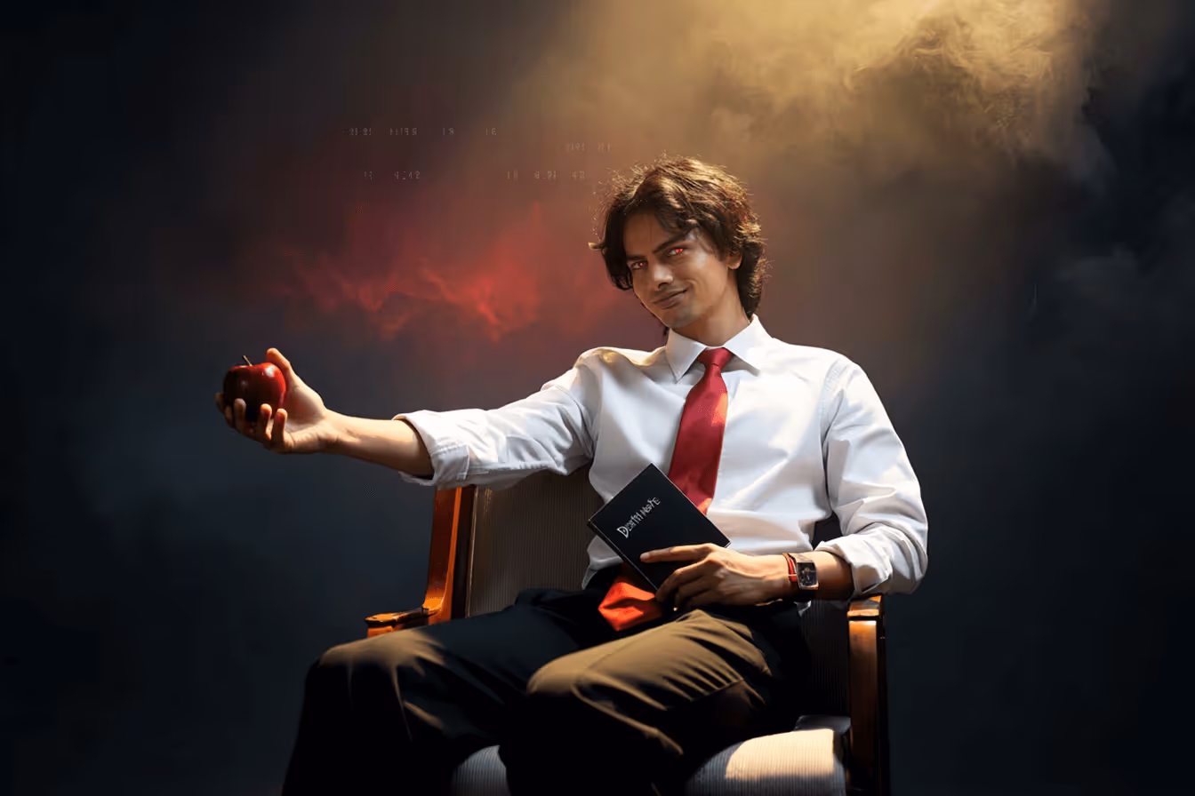 Person in white shirt holding apple and book with dramatic lighting