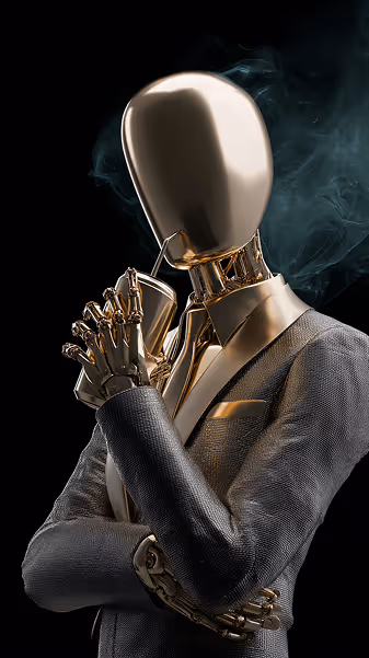 Metallic mannequin in suit with golden robotic hands against dark background
