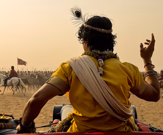 Krishna-like figure with peacock feather watches cavalry in dusty battlefield scene
