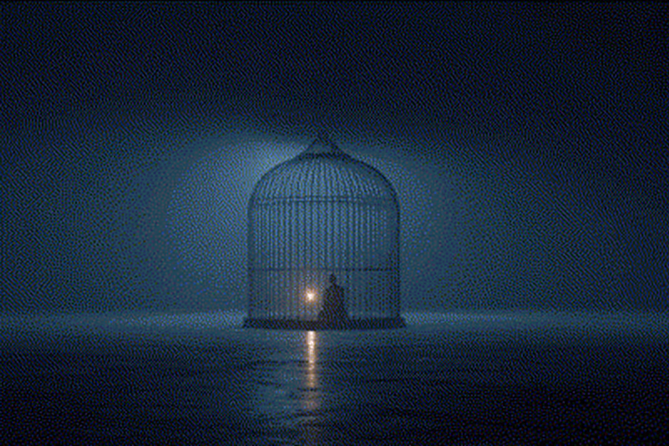 Silhouette inside large birdcage floating on misty water at night