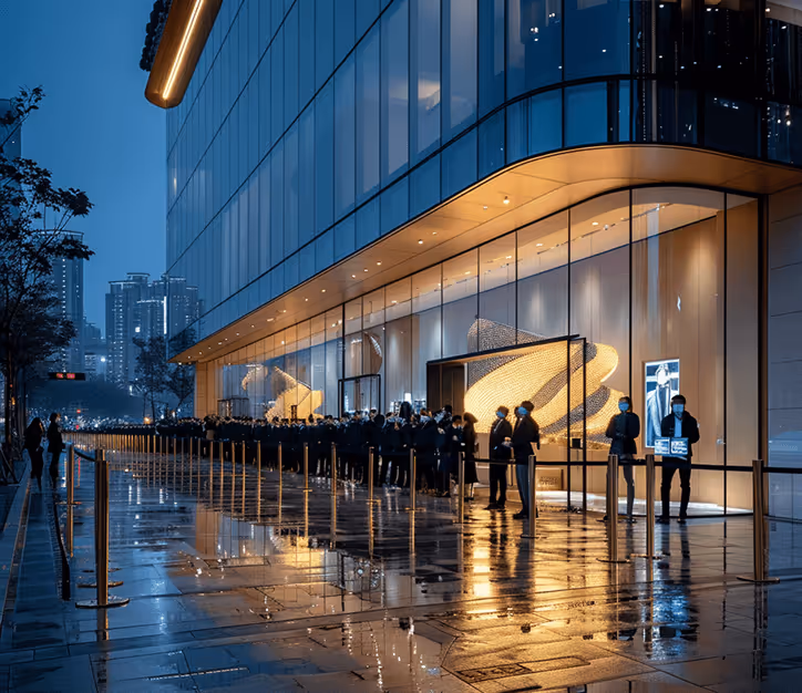 People waiting in line outside modern glass building at night