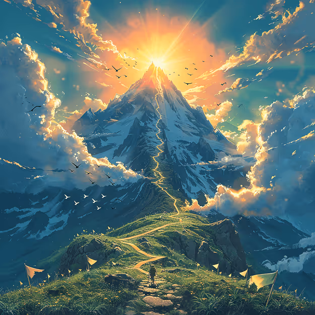 Hiker on path climbing mountain with sunburst and dramatic cloudy sky