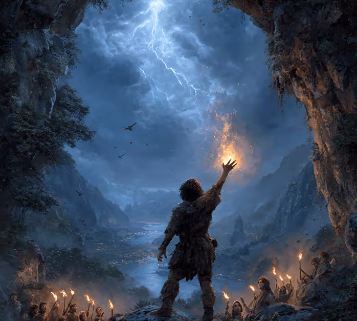 Prehistoric figure raising magical flame under stormy sky with lightning