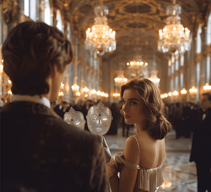 Elegant masquerade ball with ornate masks in a chandelier-lit ballroom