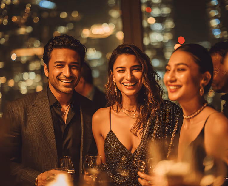 Glamorous friends enjoying evening party with city lights in background