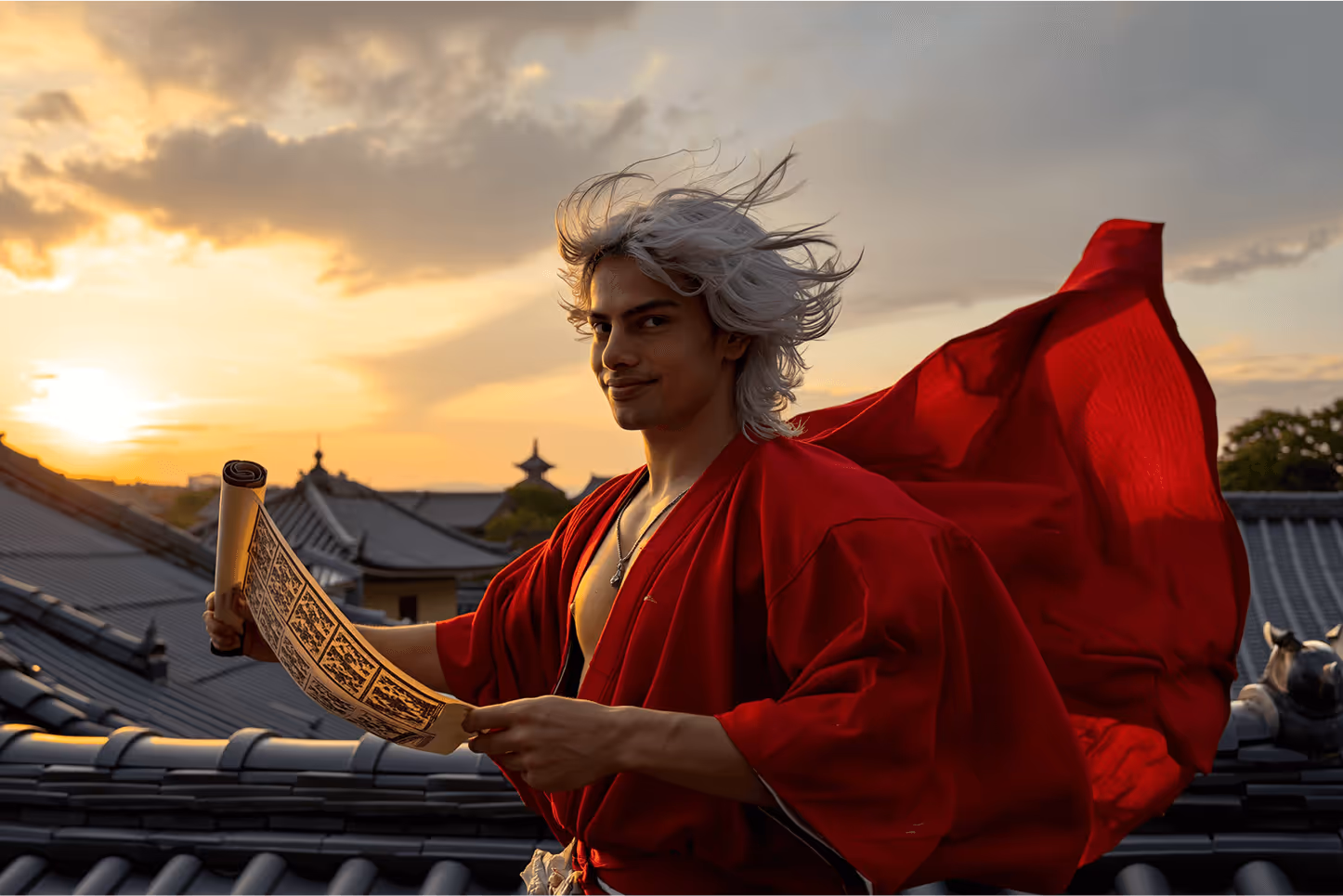 Person in red robe holding scroll on rooftop during dramatic sunset