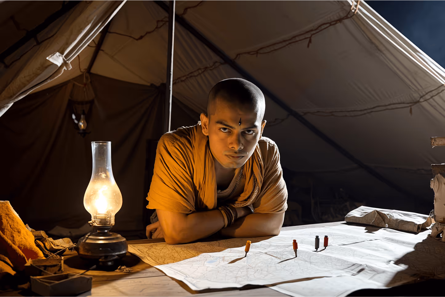 Young monk studying map by lamp light in tent with focused expression