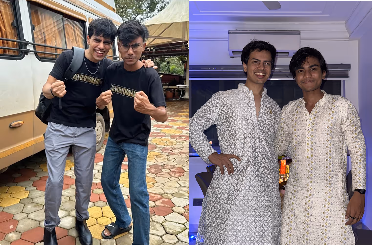 Two friends in casual and traditional outfits, smiling together