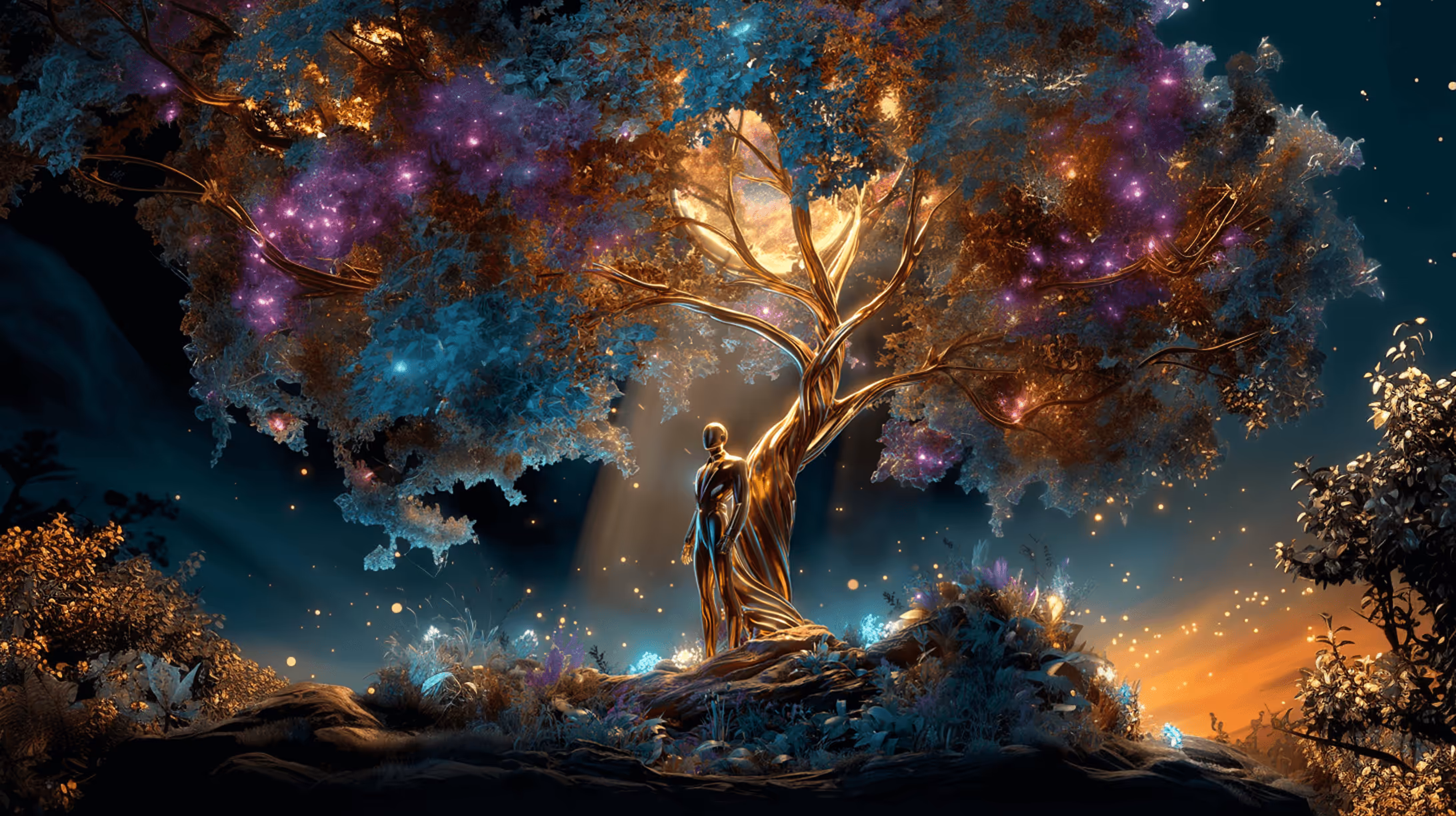Mystical golden statue beneath a luminous cosmic tree with magical starry sky