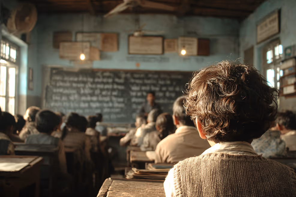 Student sitting in vintage classroom with chalkboard and other students