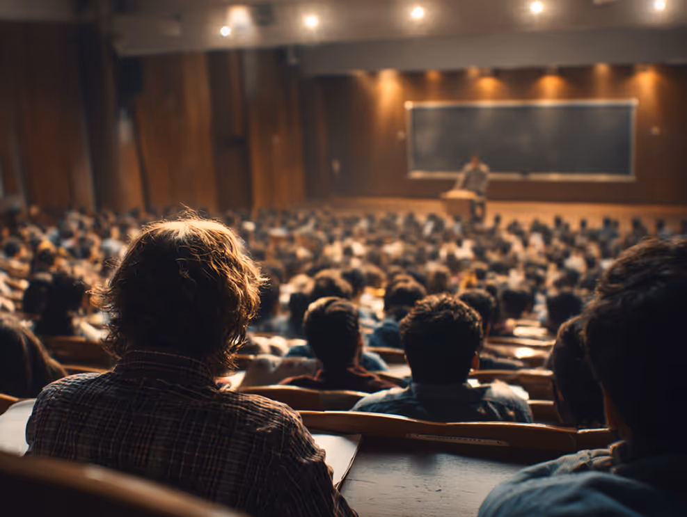 Packed lecture hall with students sitting and listening to presentation