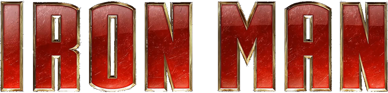 Metallic red and gold 'IRON MAN' text logo with scratched texture
