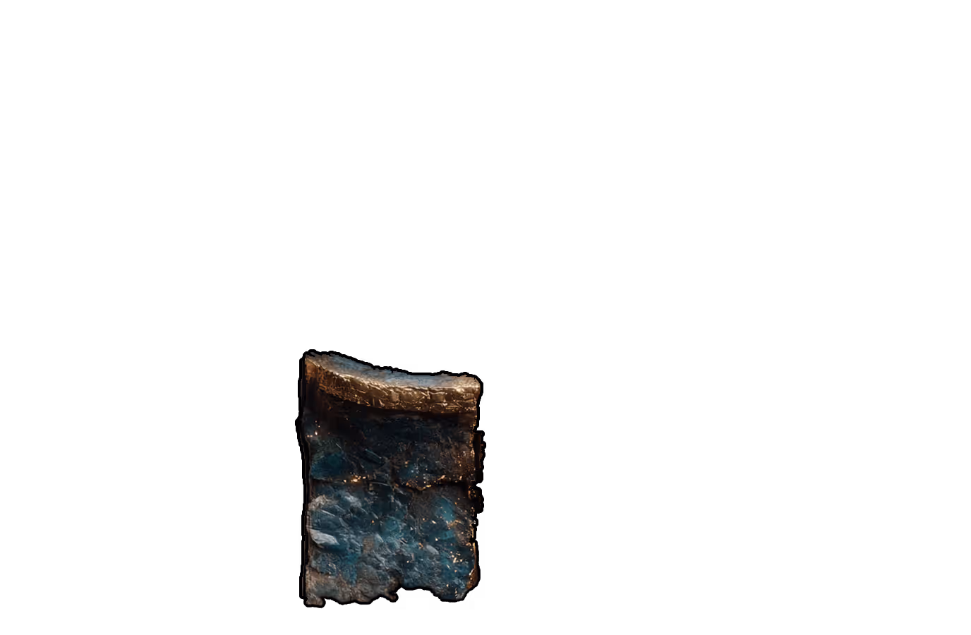 Weathered, blue-green mineral or rock fragment with metallic edges