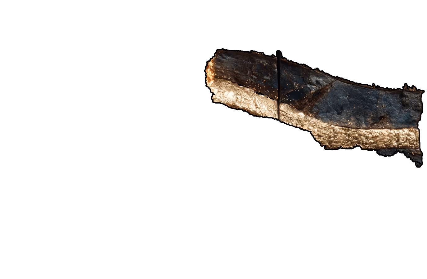 Charred and textured wood fragment with golden-brown and dark coloration