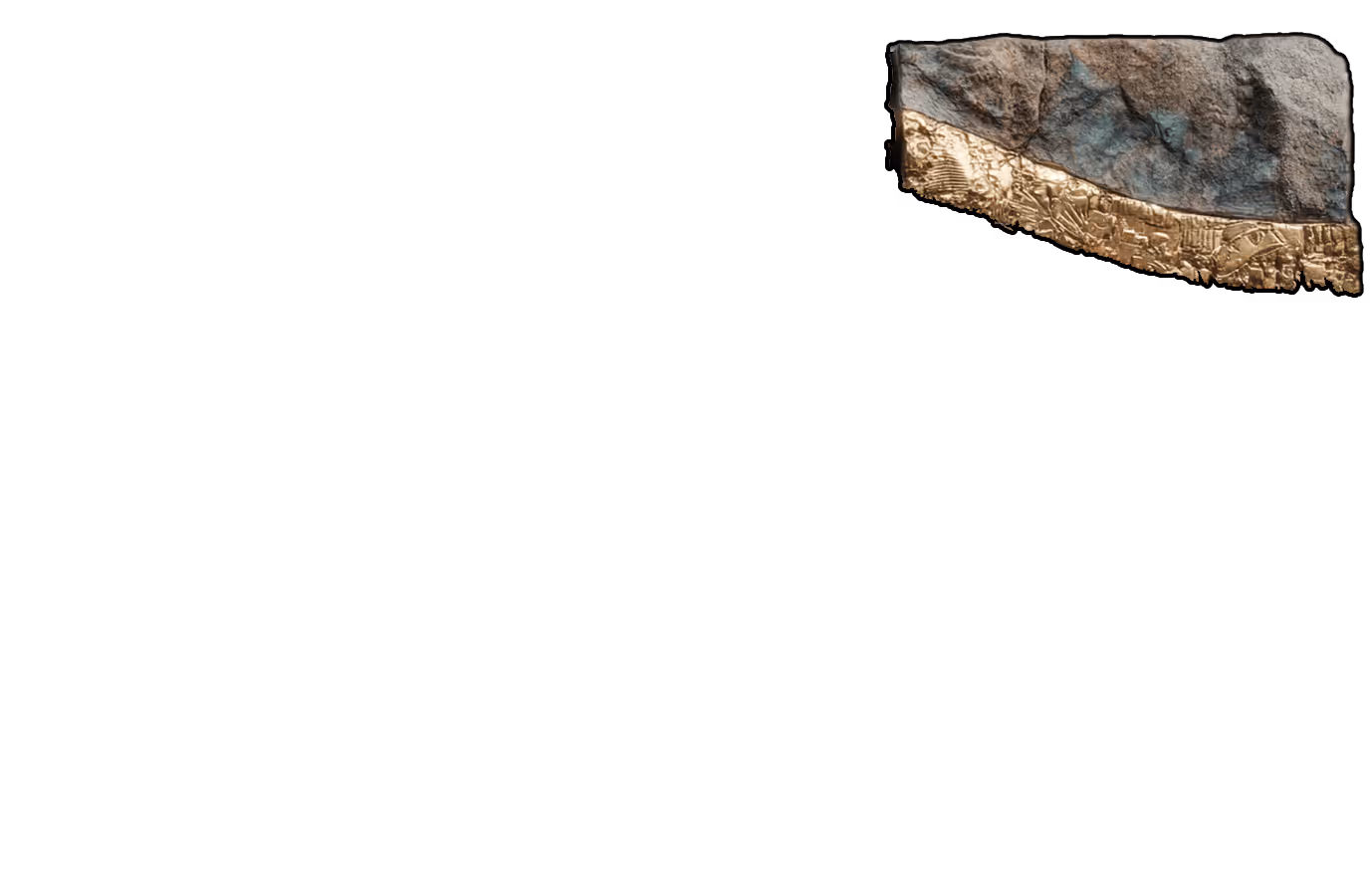 Ancient stone fragment with intricate golden engraved relief artwork