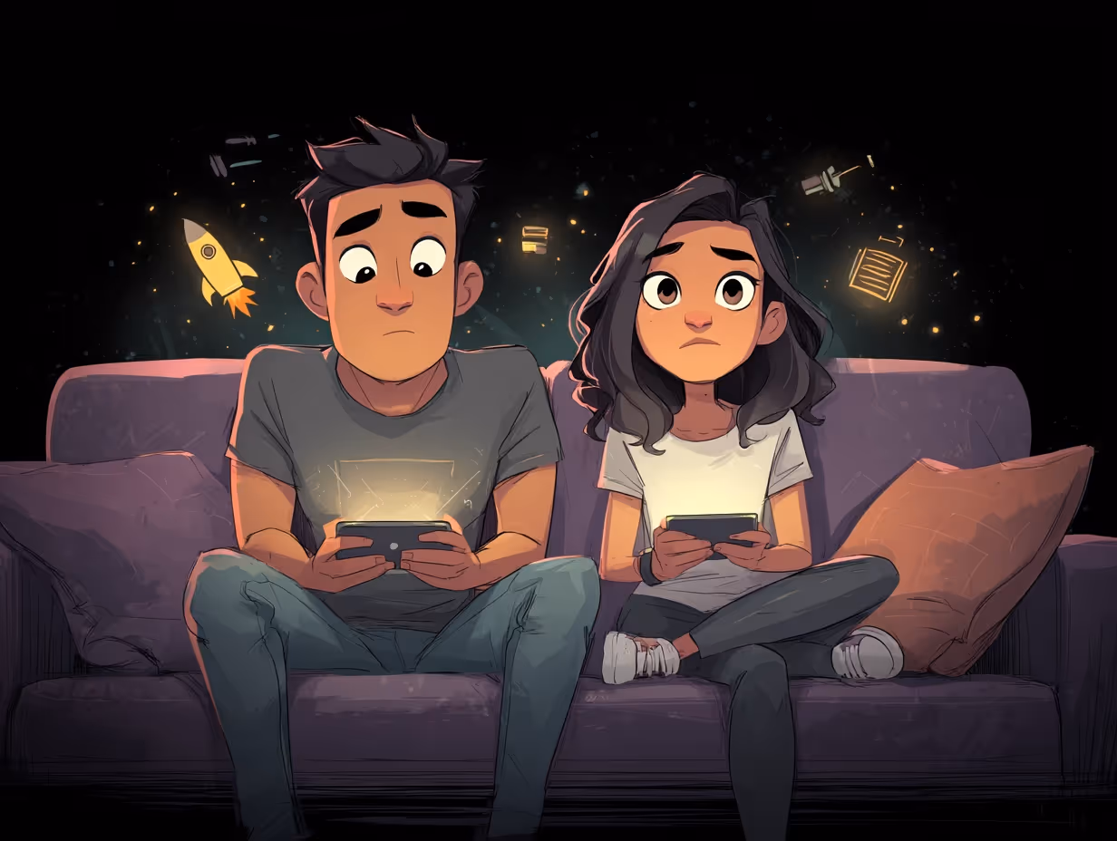 Two people sitting on couch playing games with digital elements around them