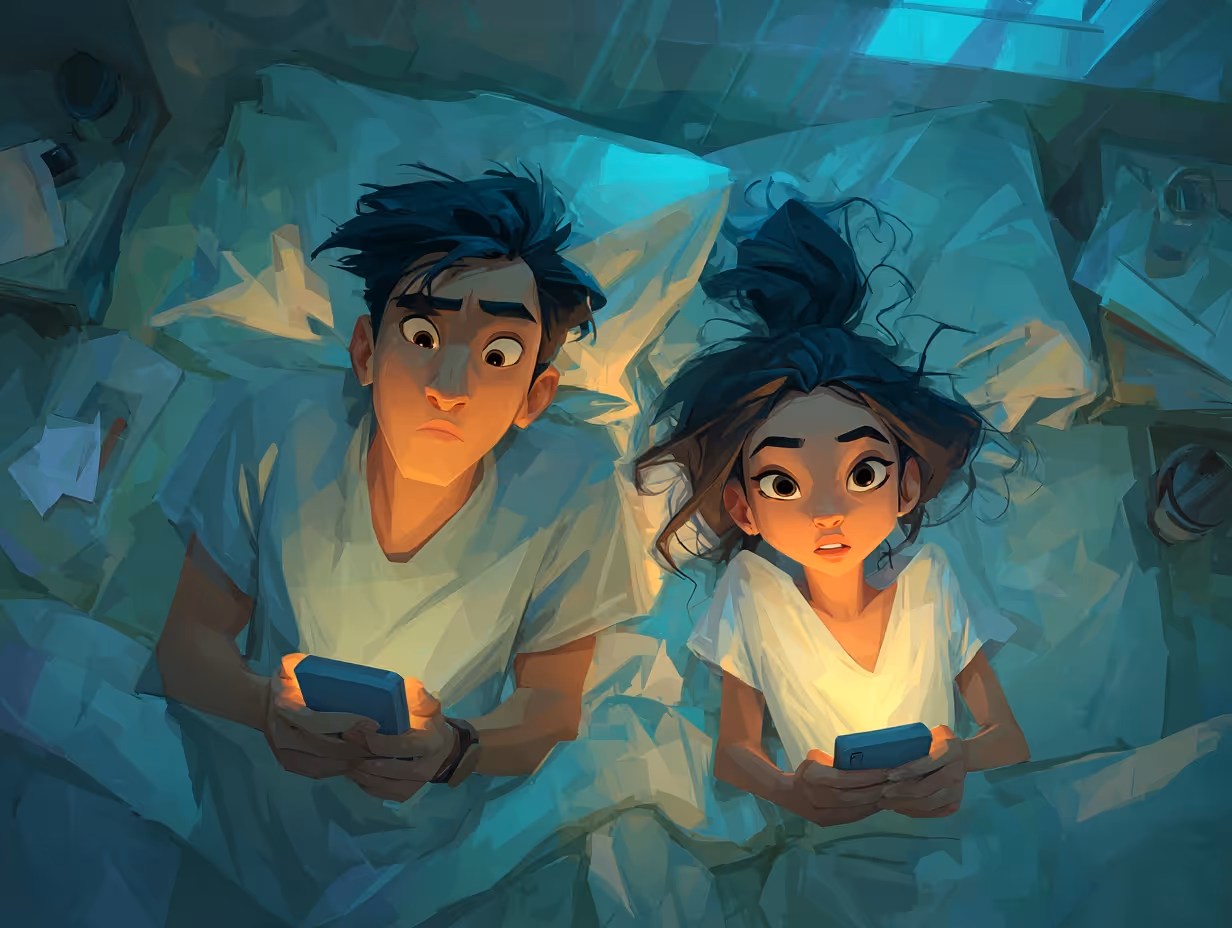 Two people lying in bed using smartphones with blue-tinted lighting
