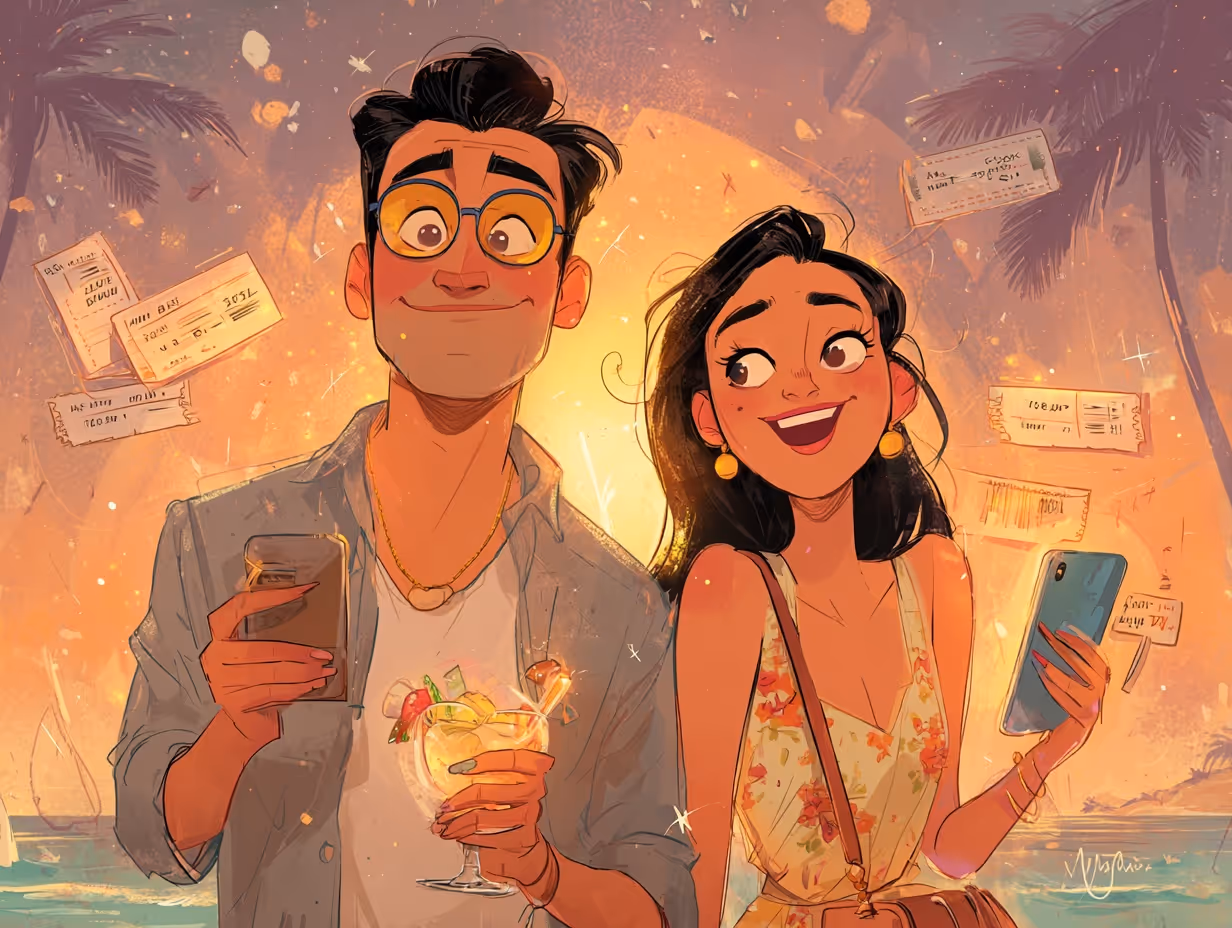 Couple enjoying tropical vacation with cocktails and travel tickets