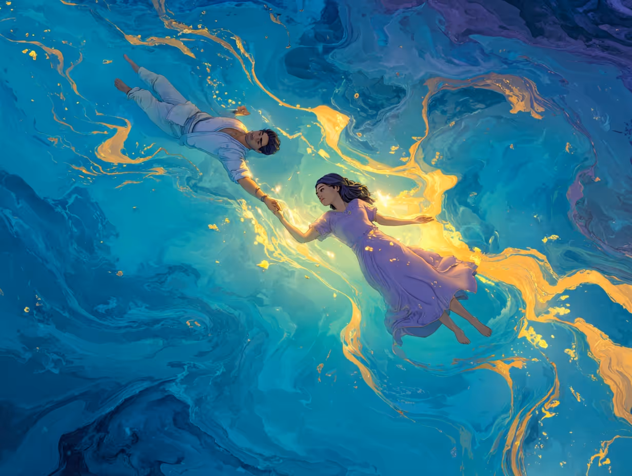 Two figures floating in swirling blue and golden abstract underwater landscape