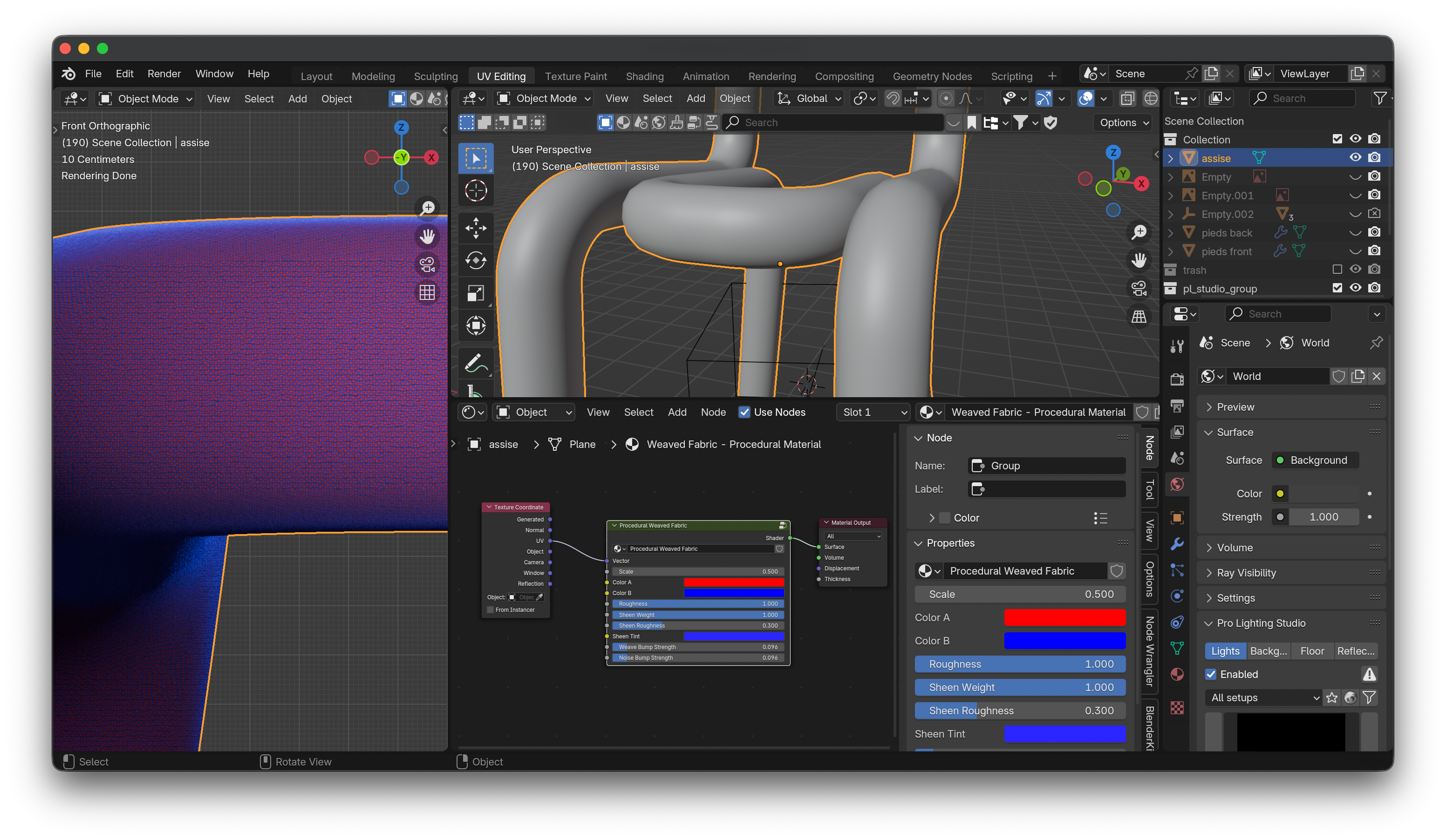 Blender 3D modeling interface showing a tubular object with a procedural woven fabric material node setup and UV editing layout.