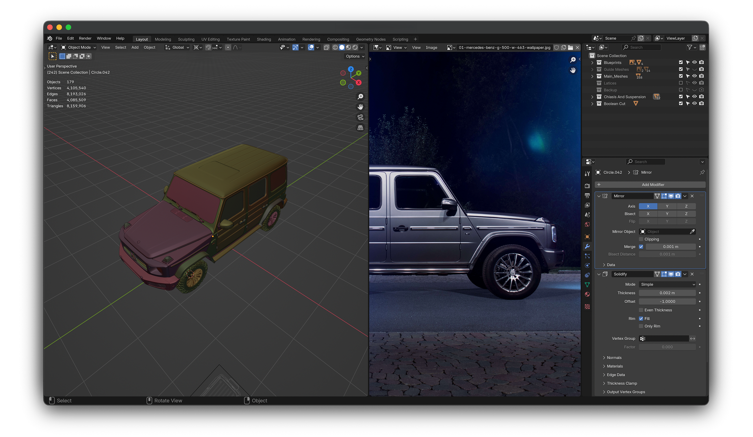 Blender 3D modeling software open with a side-by-side view of a 3D model of a Mercedes G-Class SUV on the left and a photograph of the real vehicle on the right.