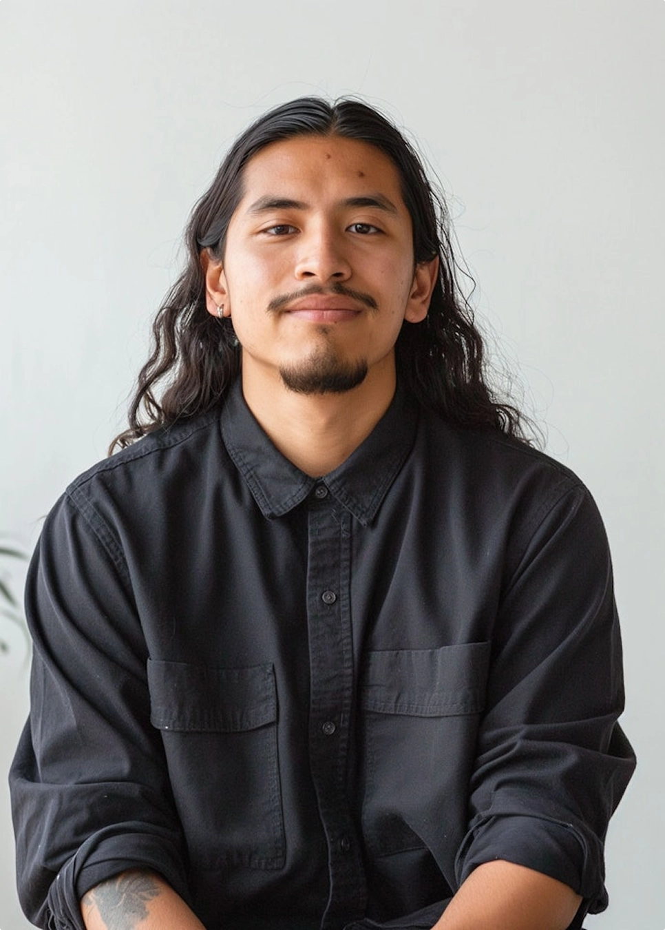 A man with long hair wearing a shirt stands, looking directly at the camera with a neutral expression.