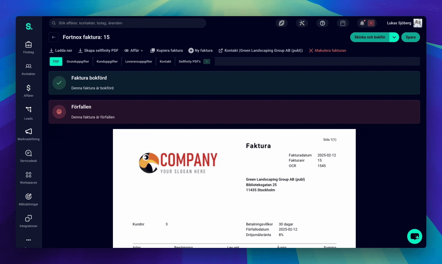 Fortnox faktura inne i Sellfinity CRM