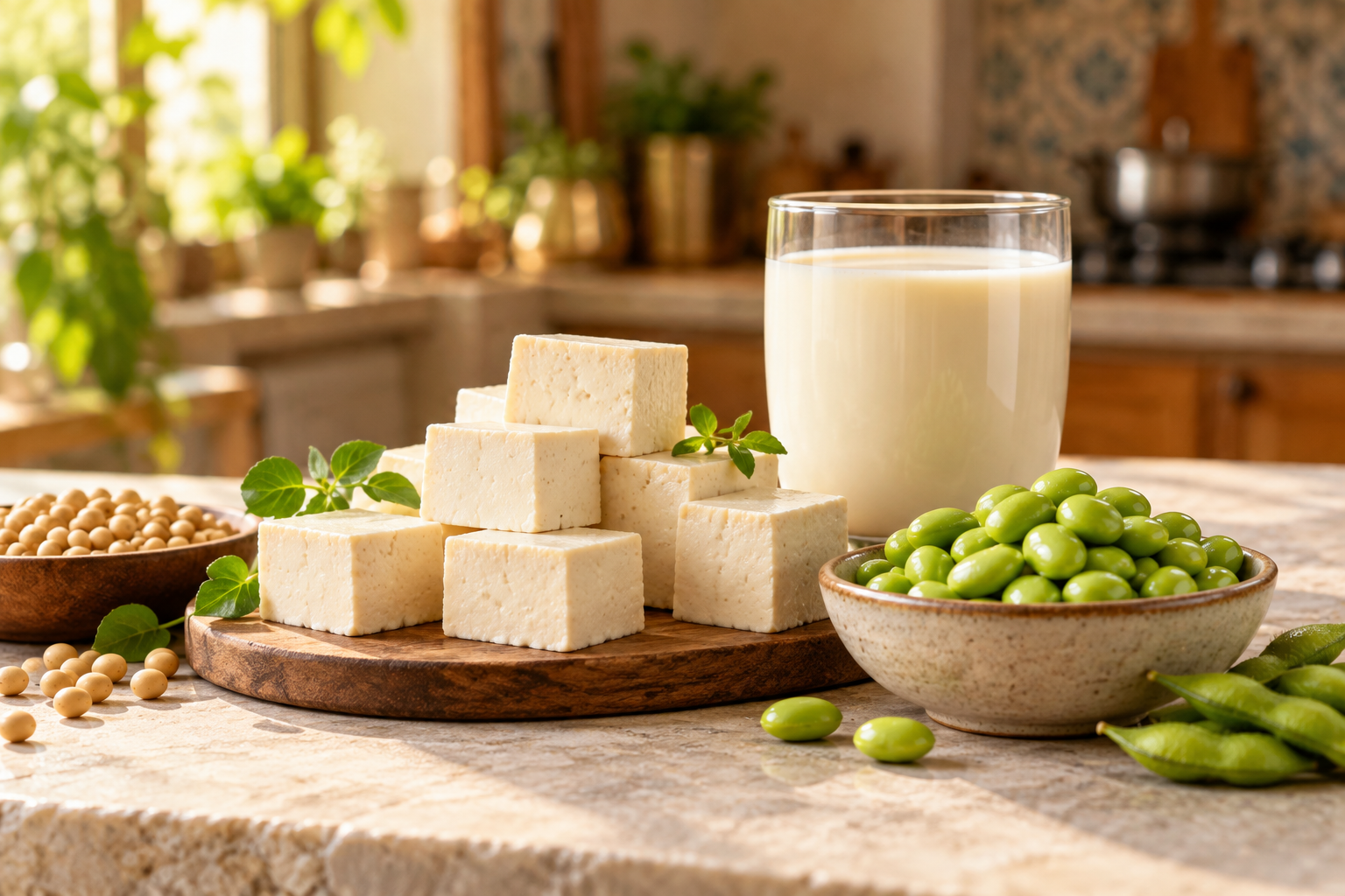 Tofu, soybeans, edamame and soy milk arranged in a sunlit kitchen