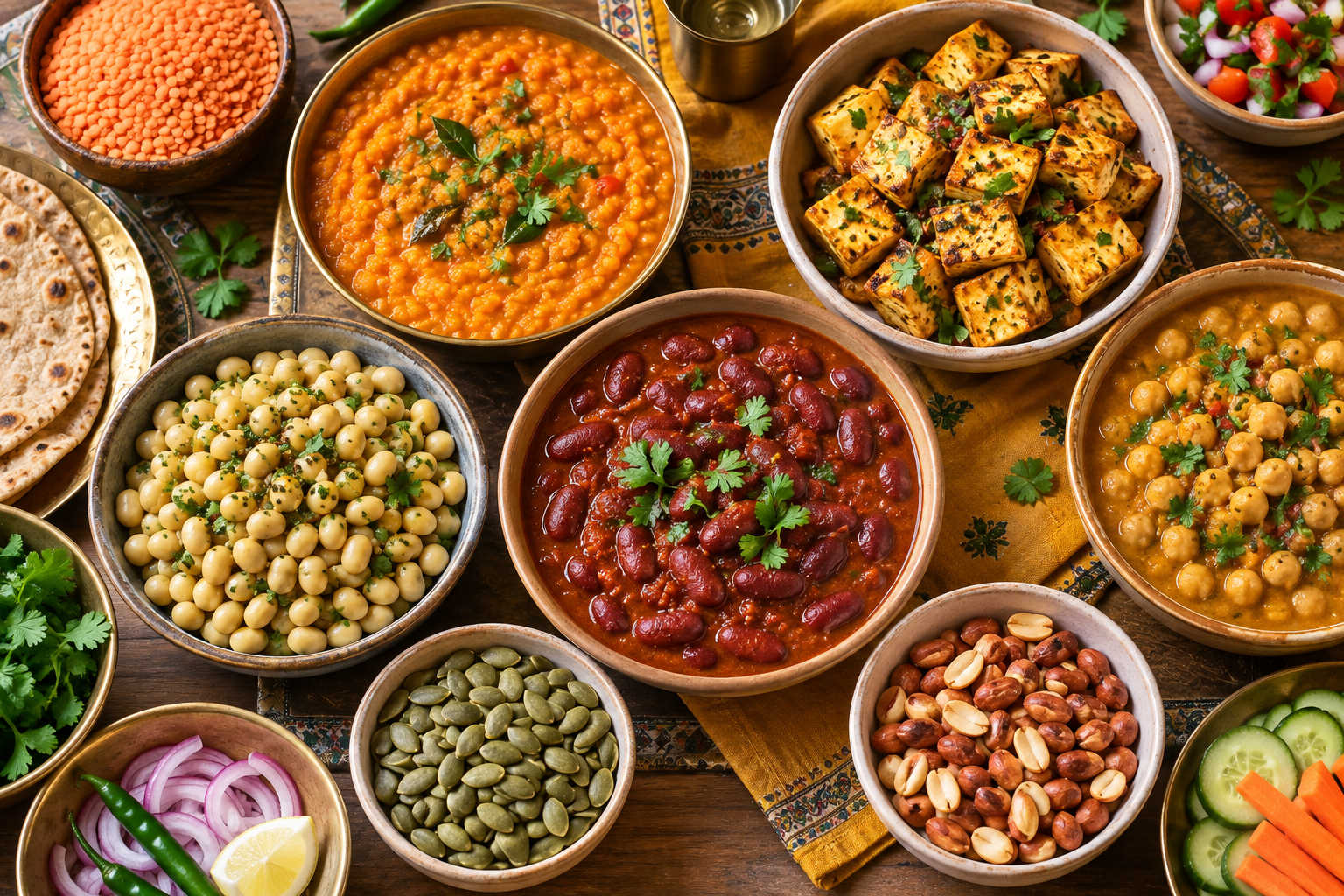Indian plant protein foods including dal, chickpeas, rajma, tofu, seeds and peanuts