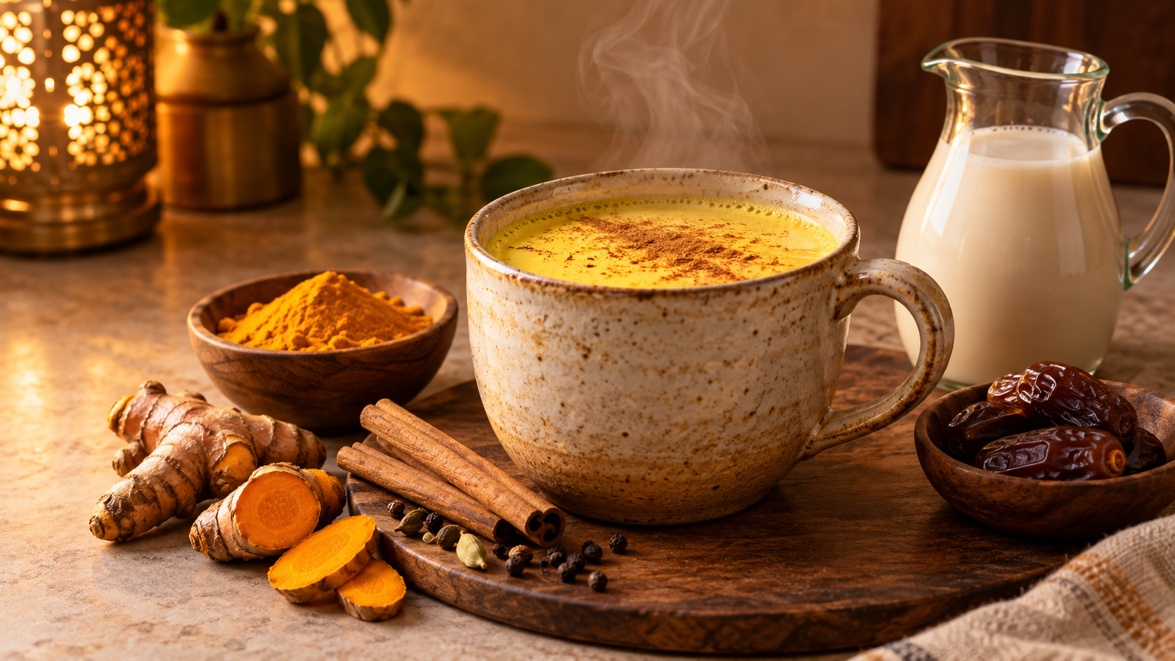 Steaming cup of vegan turmeric golden milk with cinnamon, dates and plant milk