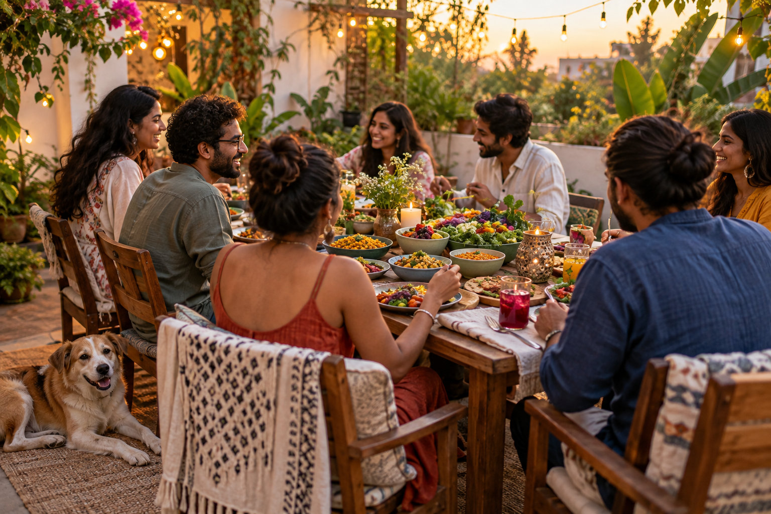 An Indian family sharing a colourful plant-based meal outdoors