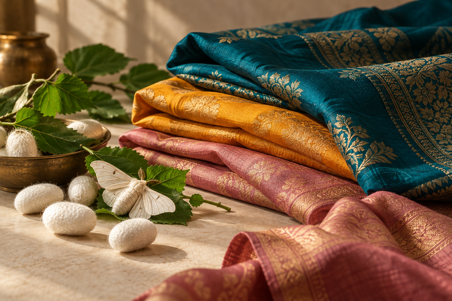Silk saris, cocoons, mulberry leaves and a silk moth arranged for an ethical fashion guide