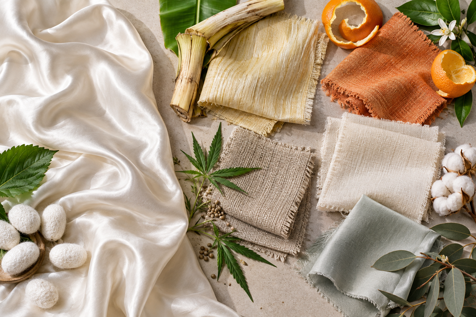 Plant-based textile swatches including banana fibre, orange fibre, hemp, cotton and lyocell beside silk