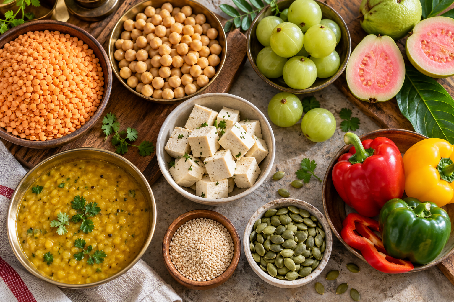 Dal, chickpeas, tofu, seeds, guava, amla and capsicum as vegan collagen-supporting foods