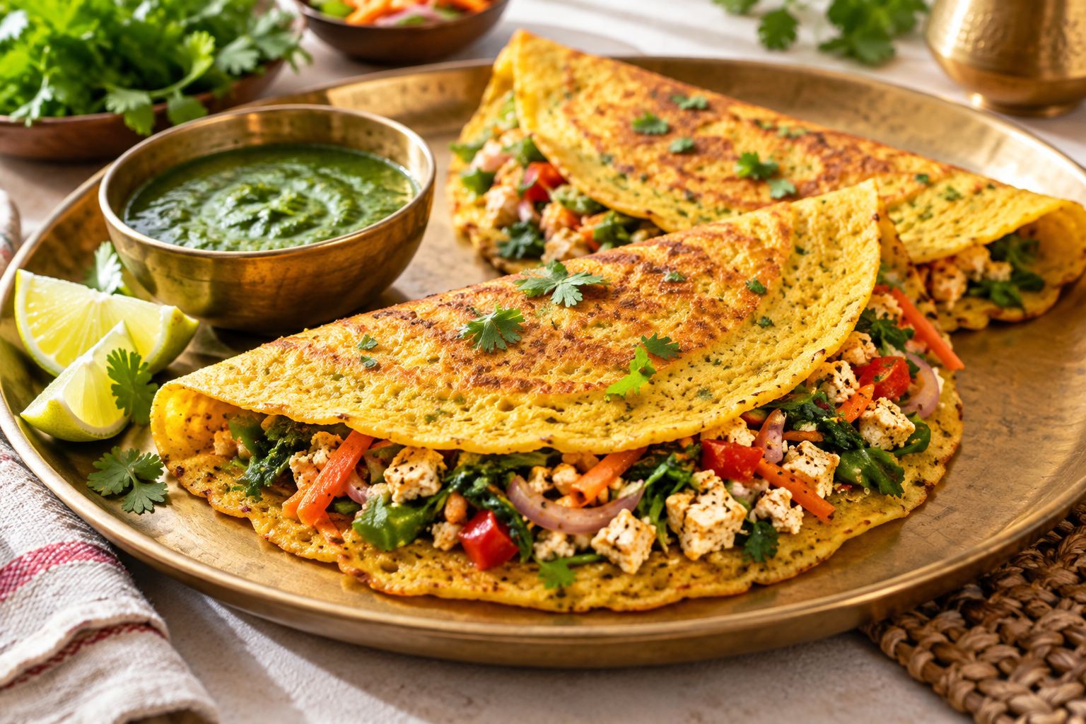 Moong dal chilla filled with vegetables and tofu, served with green chutney