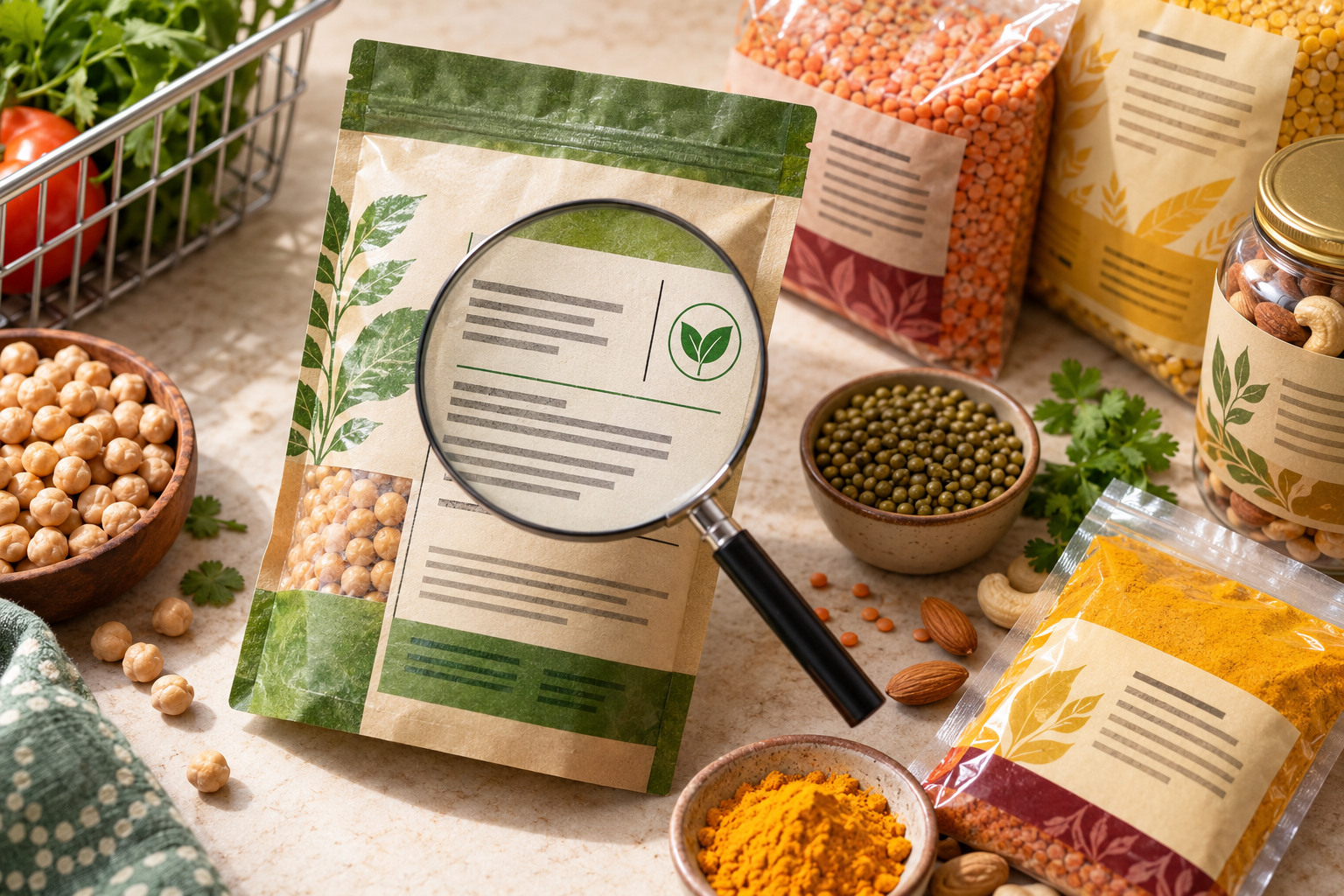 Magnifying glass over an ingredients panel beside lentils, chickpeas, spices and nuts for a vegan food-label guide