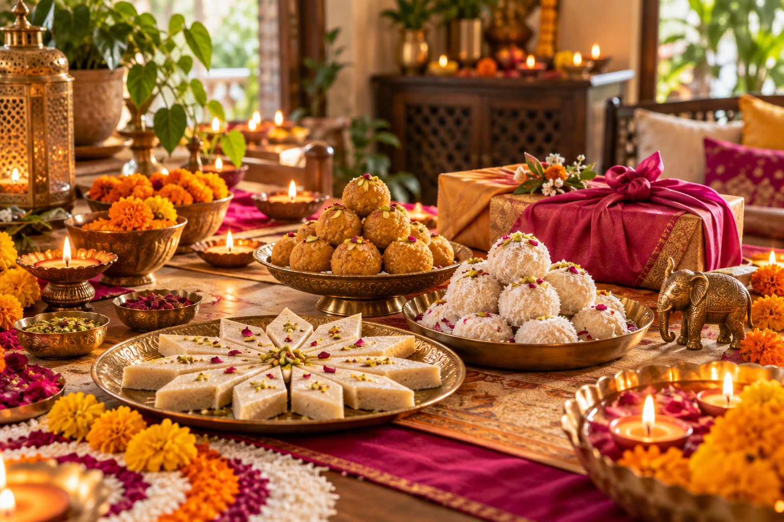A festive vegan Diwali table with dairy-free Indian sweets, diyas, marigolds and reusable gifts