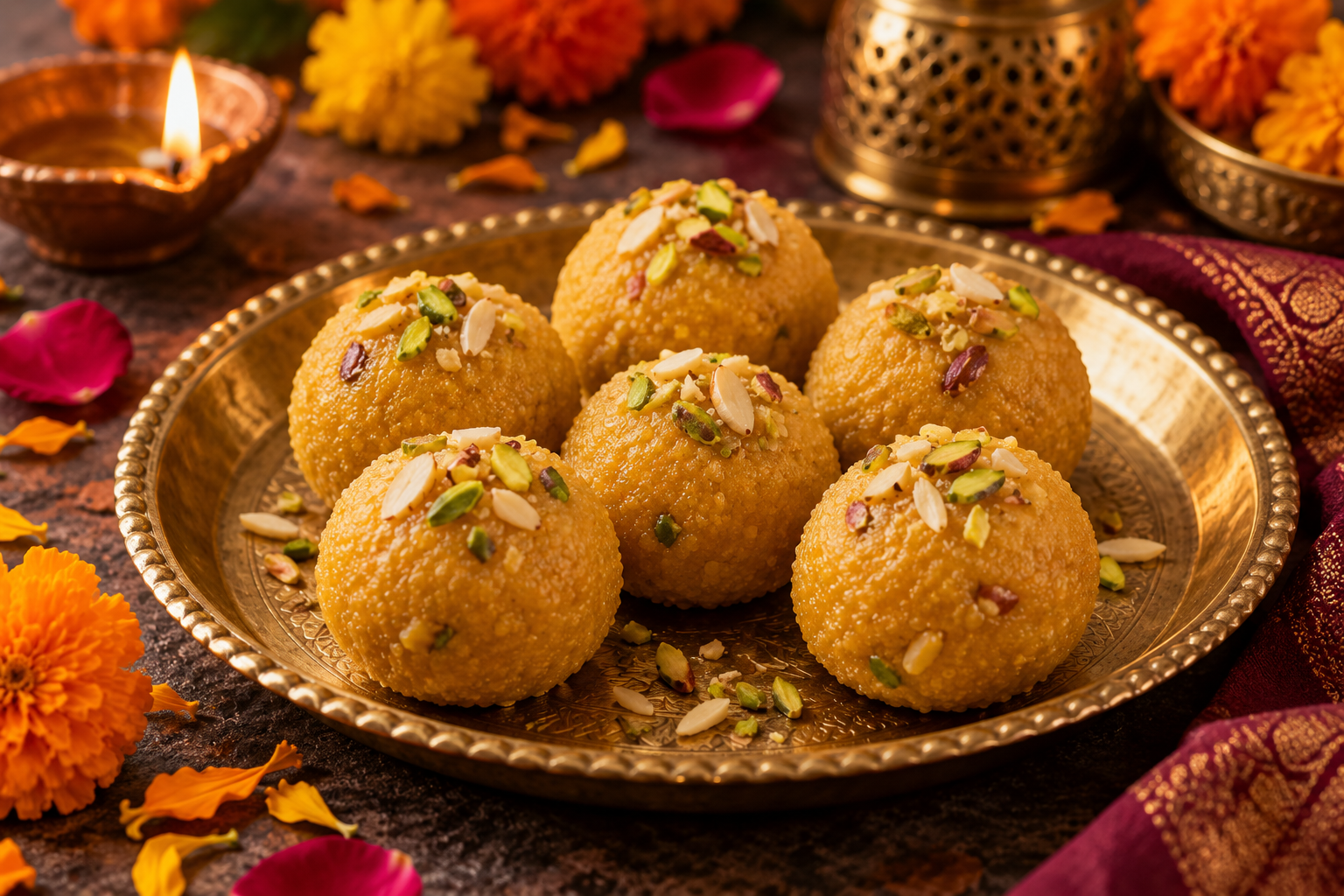 Golden vegan besan ladoos garnished with pistachios and almonds on a brass plate