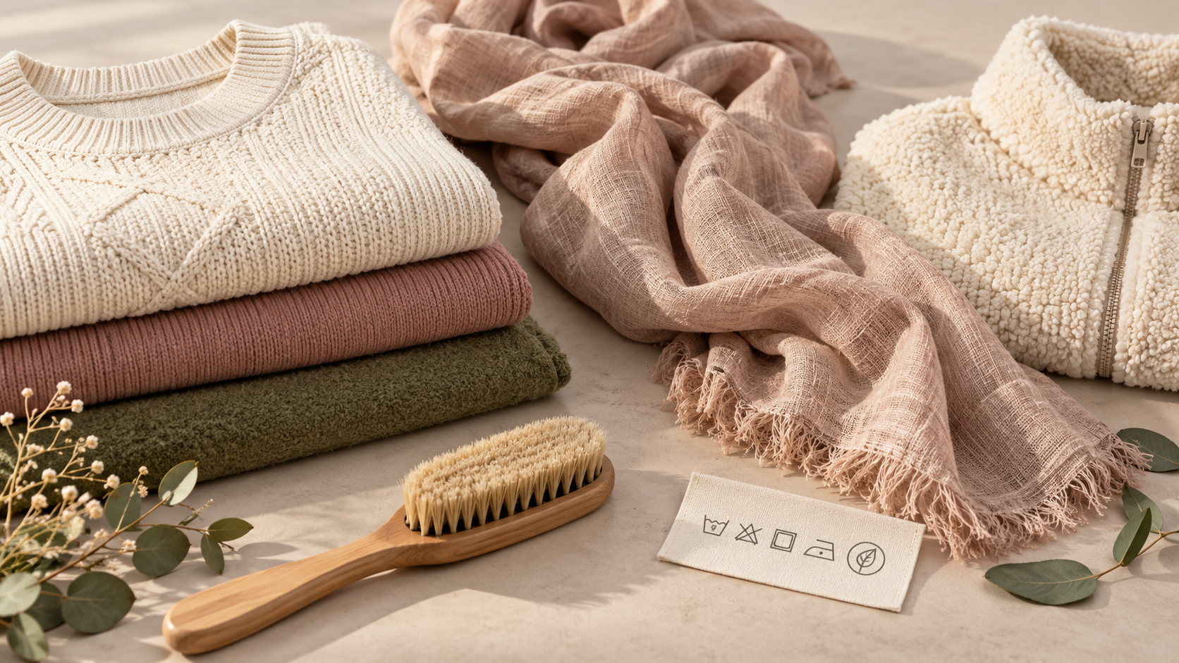 Wool-free winter fabrics including cotton knit, linen and recycled fleece arranged for an ethical fashion guide
