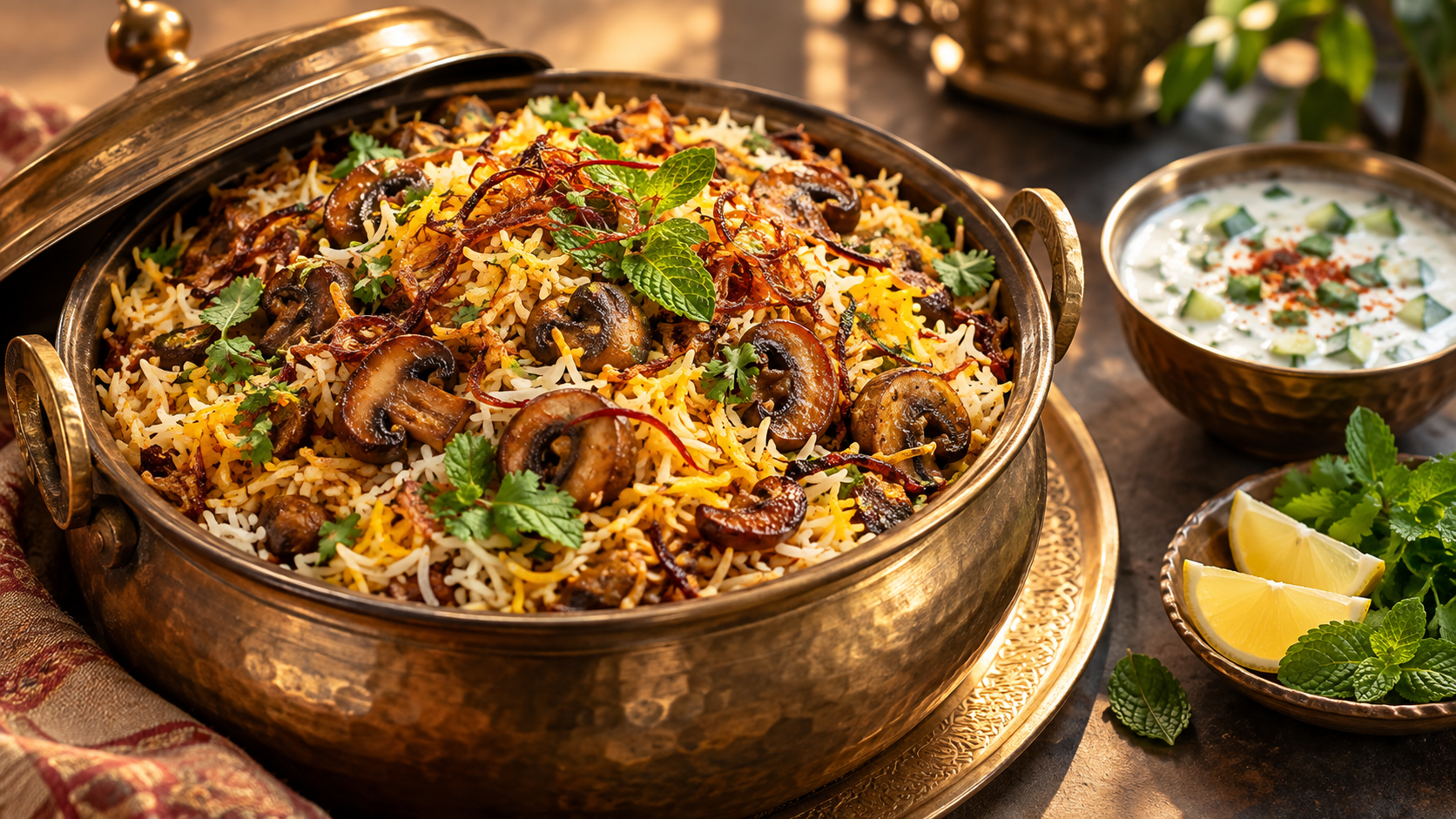Vegan mushroom biryani with basmati rice, browned mushrooms, herbs, saffron and dairy-free cucumber raita