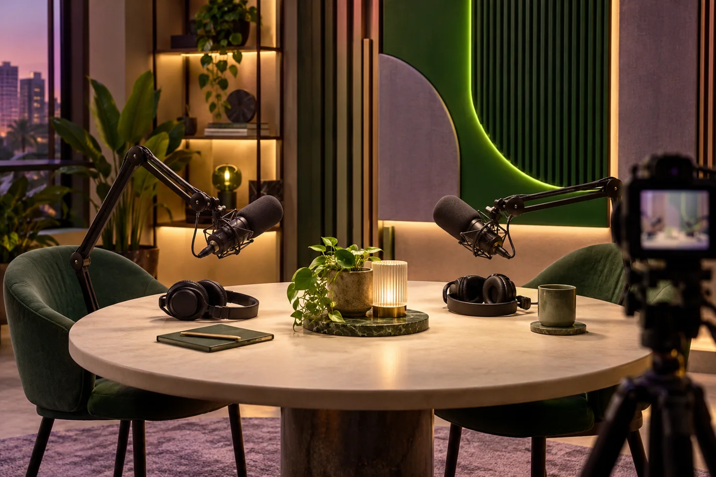 Podcast studio concept with microphones and headphones