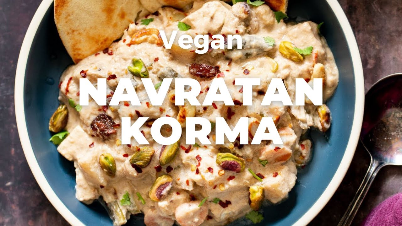 Vegan navratan korma with tofu and vegetables in a creamy cashew sauce