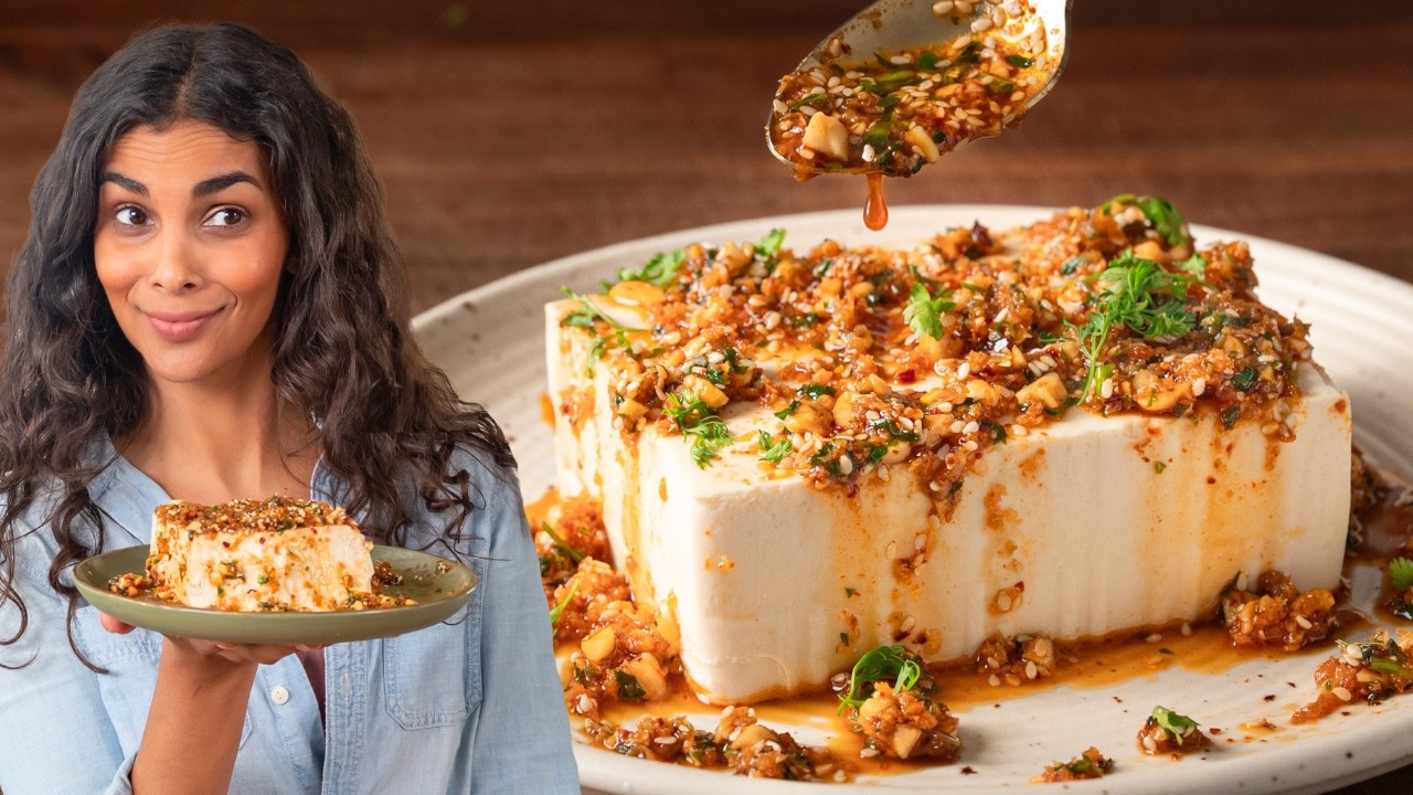 Cold silken tofu topped with homemade chilli crisp by Rainbow Plant Life