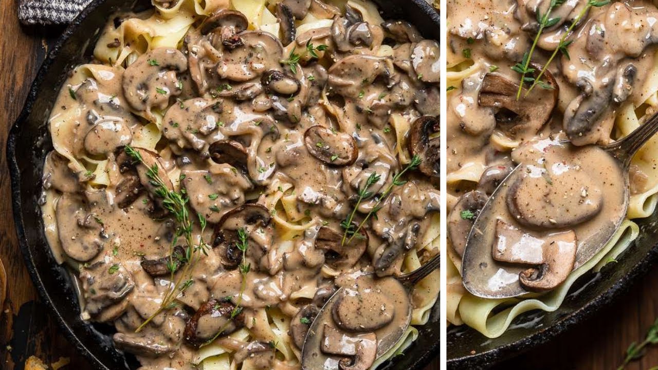 Creamy vegan mushroom stroganoff with noodles, from Make It Dairy Free