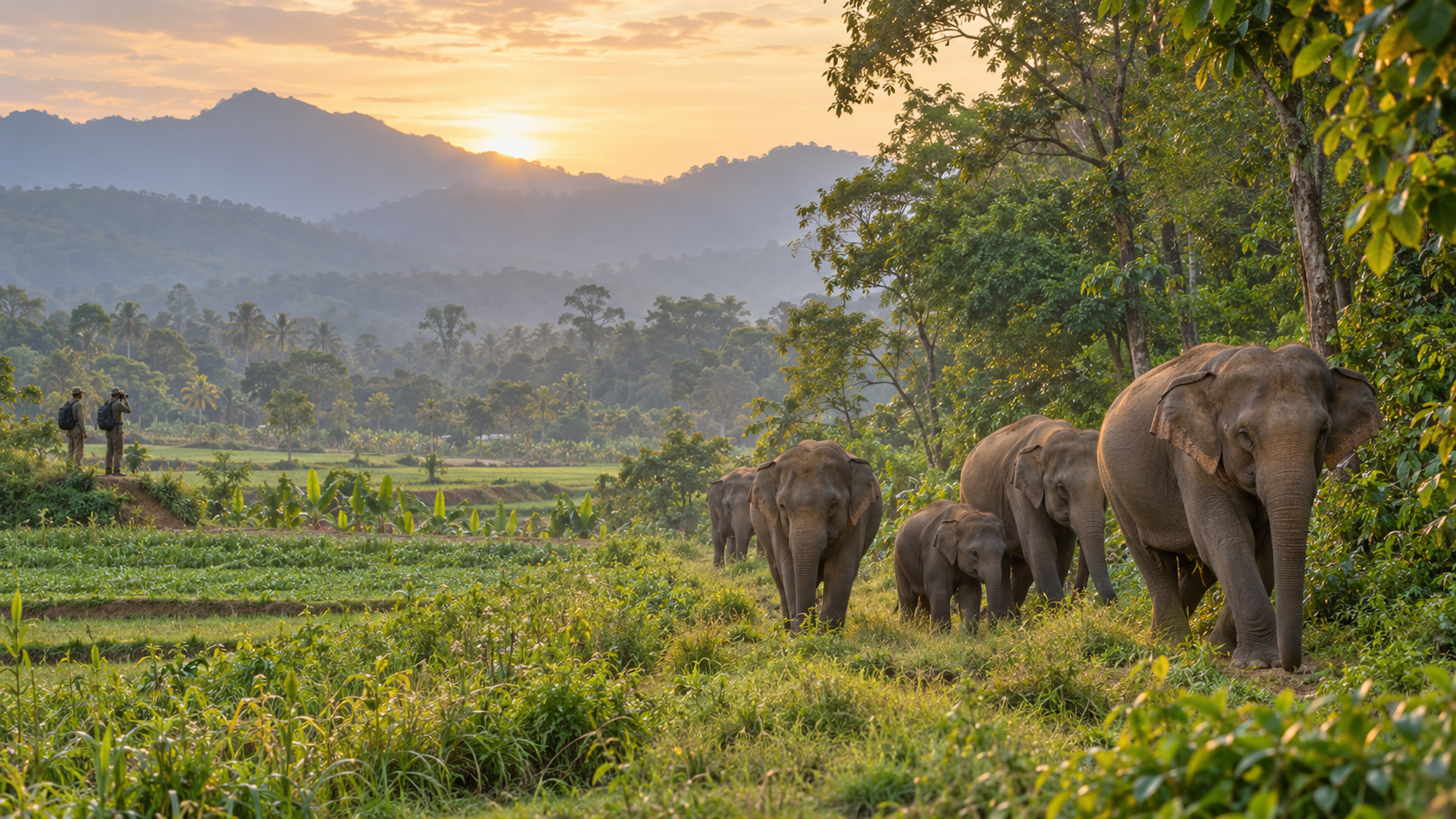 A family of Asian elephants moving through a forest corridor beside farms in southern India at sunrise