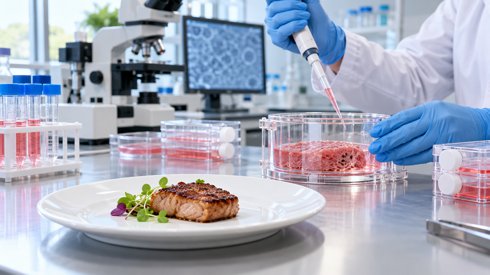 A food scientist working with cultivated meat cells in a bright laboratory
