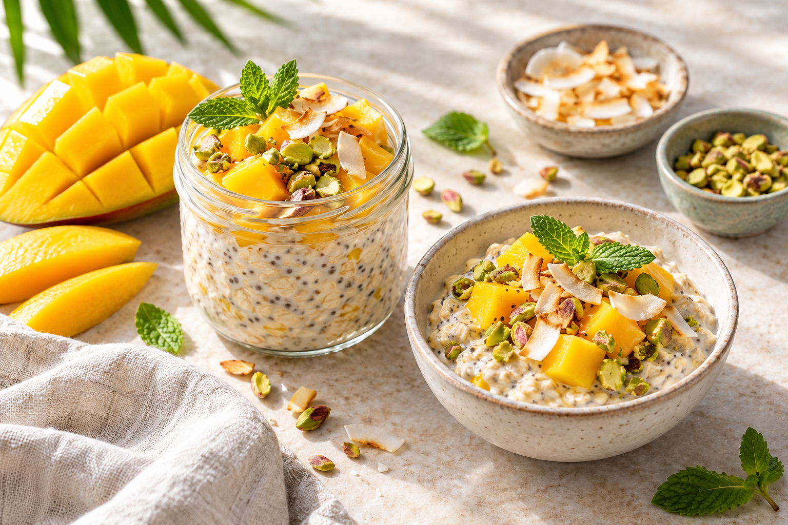 Vegan mango coconut overnight oats topped with fresh mango, toasted coconut, pistachios and mint