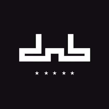 White geometric logo above five white stars on a black background.