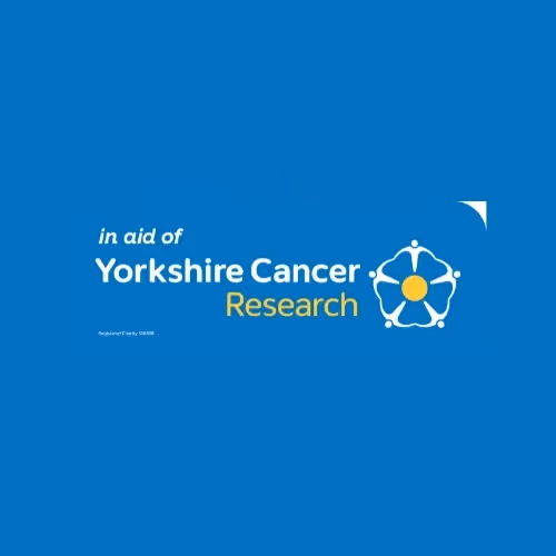 Logo for Yorkshire Cancer Research charity with text on a blue background.