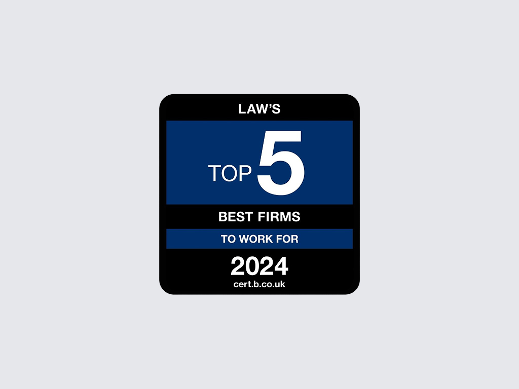 Law’s top 5 best firms to work for in 2024 badge with website cert.b.co.uk